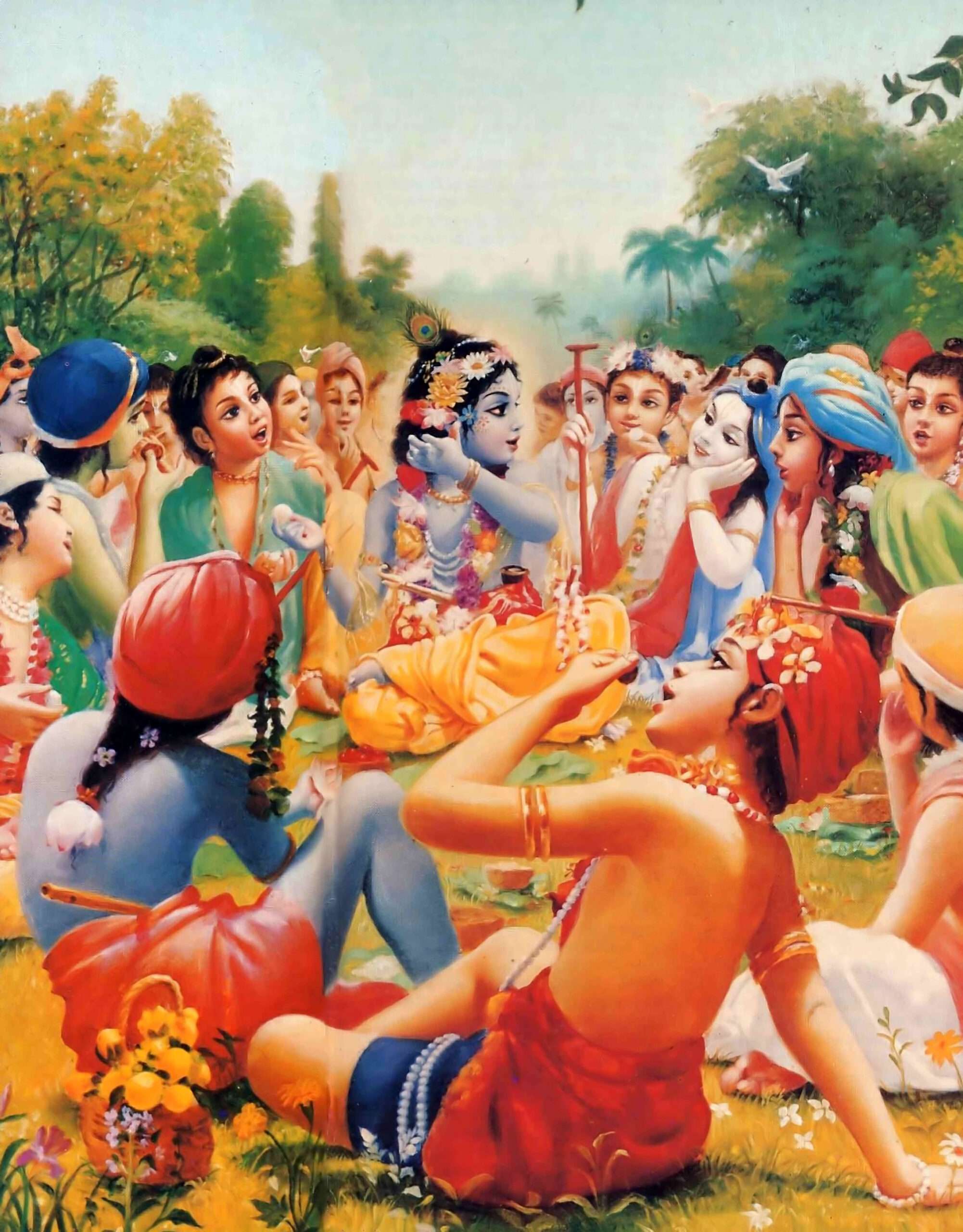Krishna geniet samen met zijn vrienden van een maaltijd