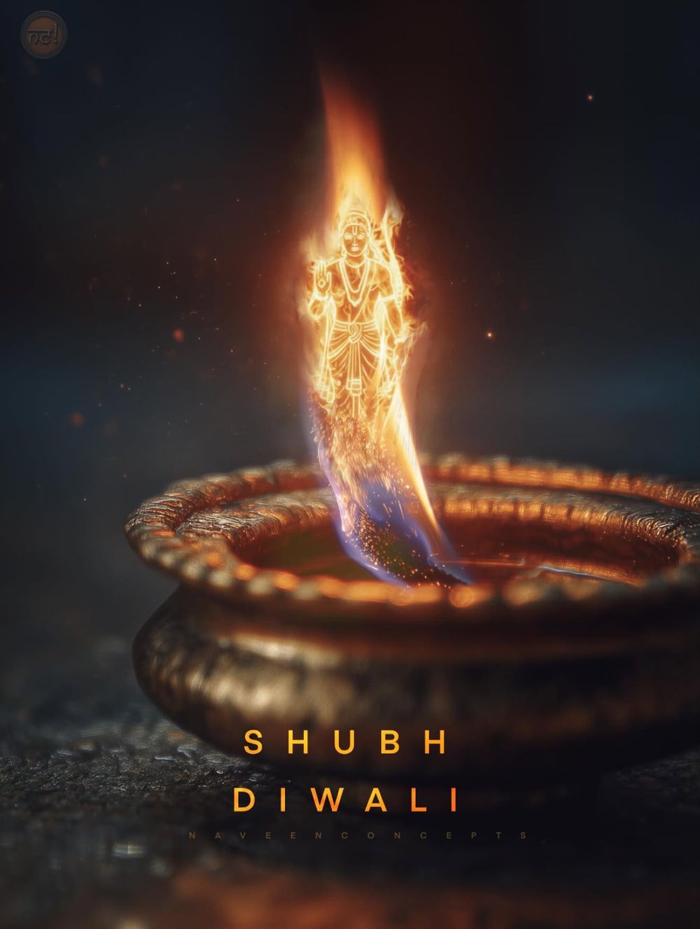 Brandende olielamp (diya) met in de vlam de gestalte van Sri Rama en de tekst Shubh Diwali / Burning oil lamp (diya) with the form of Sri Rama in the flame and the words Shubh Diwali