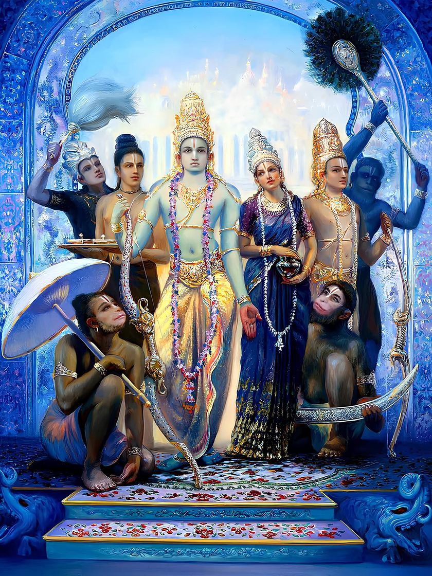 Schilderij: Sri Rama en Sita, omringd door Zijn broers en toegewijden, in het paleis van Ayodhya.