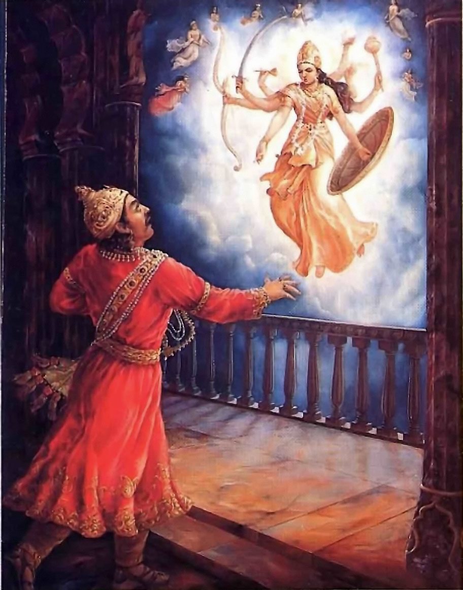 Schilderij: koning Kamsa kijkt vanaf een paleisbalkon omhoog naar de achtarmige Durga, die met wapens in de lucht verschijnt.